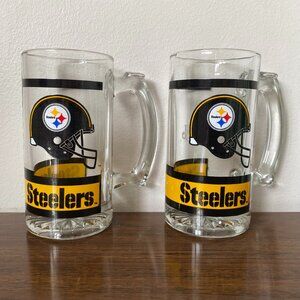 Pair of Vintage NFL Pittsburgh Steelers Football Drinking Glass Mugs, Barware